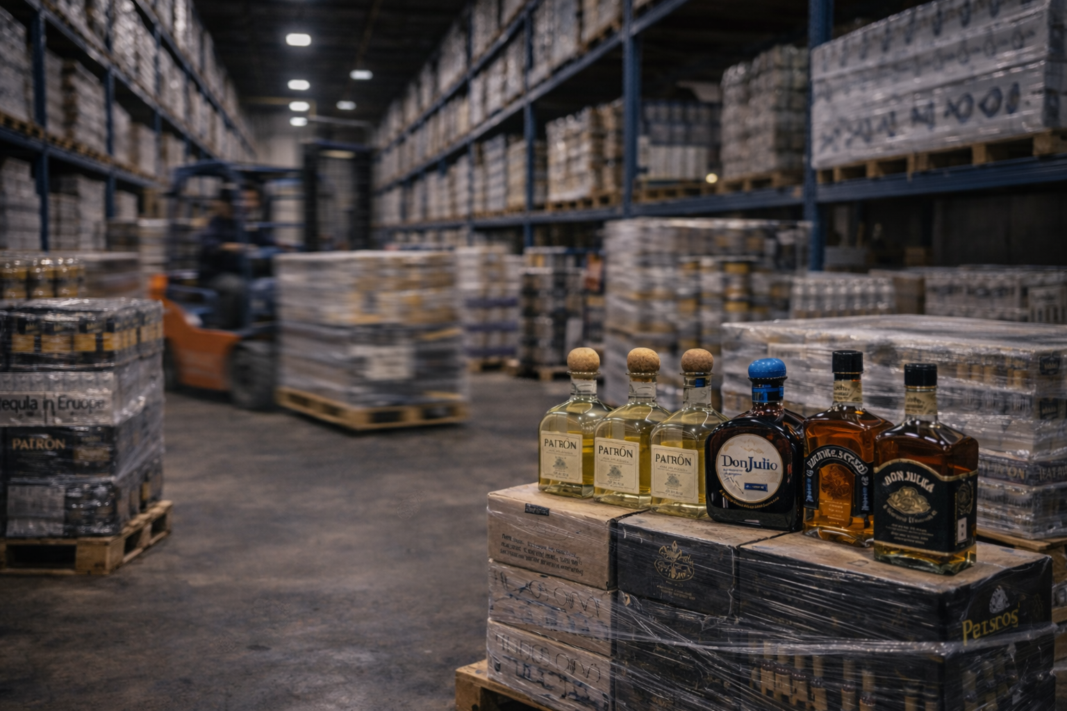 Premium tequila stock in bonded warehouse for international B2B spirits distribution