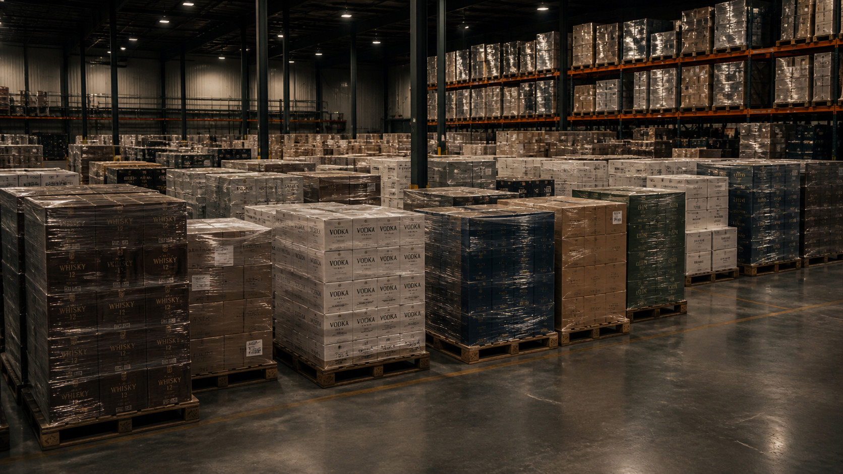 Bonded warehouse aisle with premium beverage stock