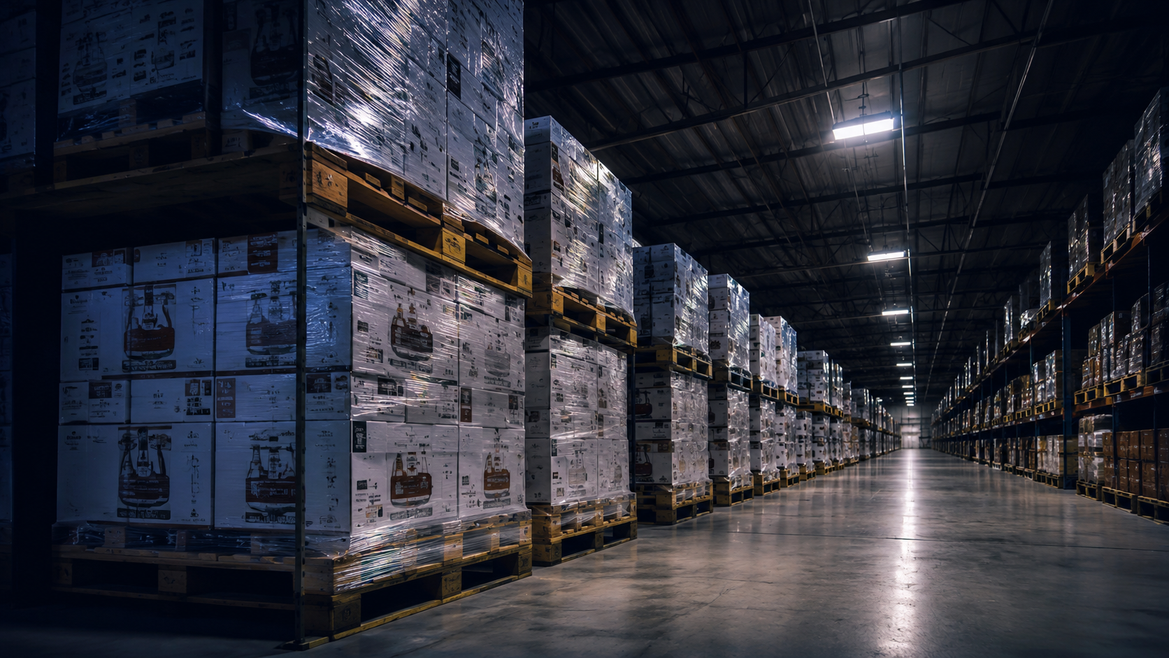 Palletized whisky stock in bonded warehouse