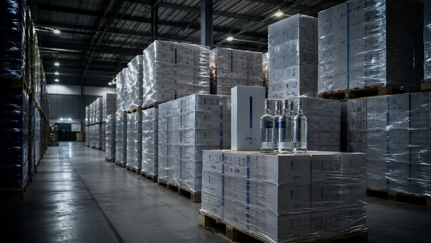 Vodka bottles in bonded warehouse environment