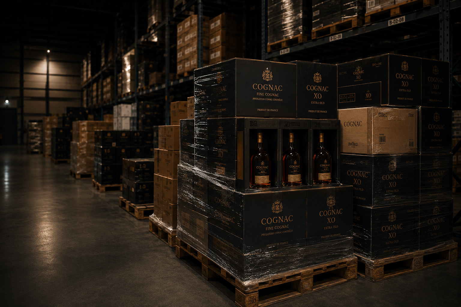 Palletized premium spirits stock in European warehouse