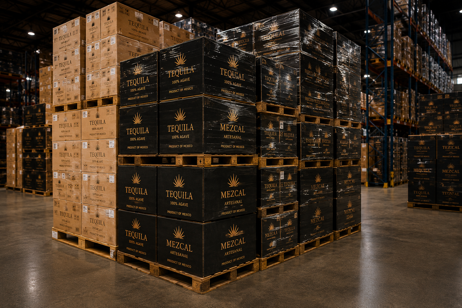 Palletized tequila and mezcal stock in European bonded warehouse
