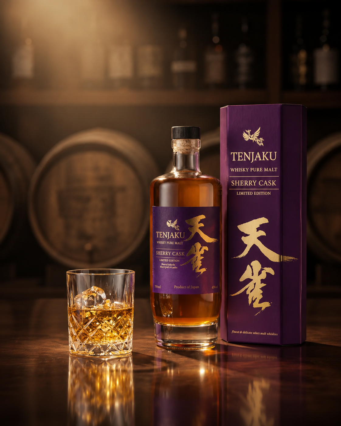 Tenjaku Sherry Cask whisky, purple case and iced tumbler on a reflective bar.