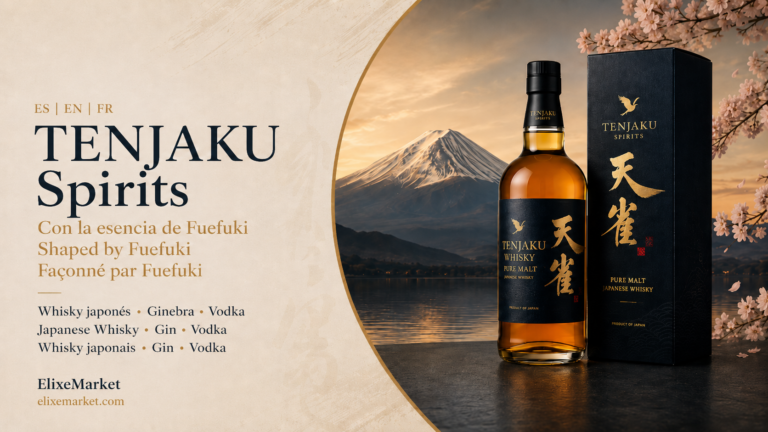 TENJAKU Spirits social graphic showing a Pure Malt Whisky bottle and presentation box with Mount Fuji and cherry blossoms, alongside brand text in Spanish, English and French.