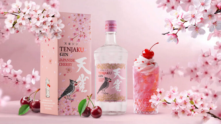 Tenjaku Japanese Cherry Gin bottle, presentation box and pink drink among cherry blossoms.