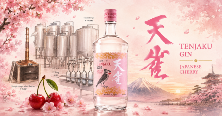 Tenjaku Japanese Cherry Gin bottle amid cherries, blossoms and Japanese-inspired illustrations.