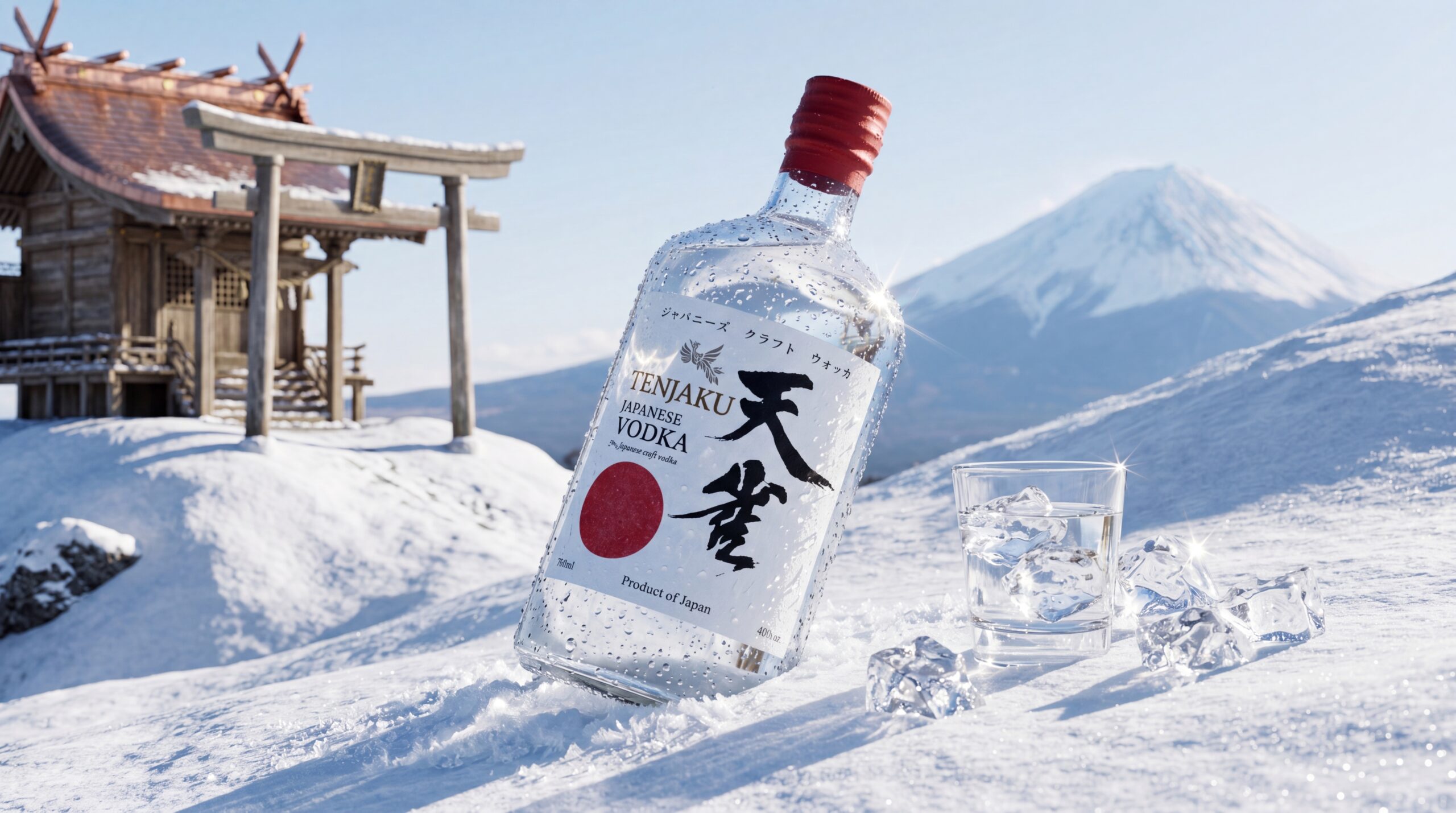 Tenjaku Japanese Vodka bottle and iced glass in a snowy mountain setting.