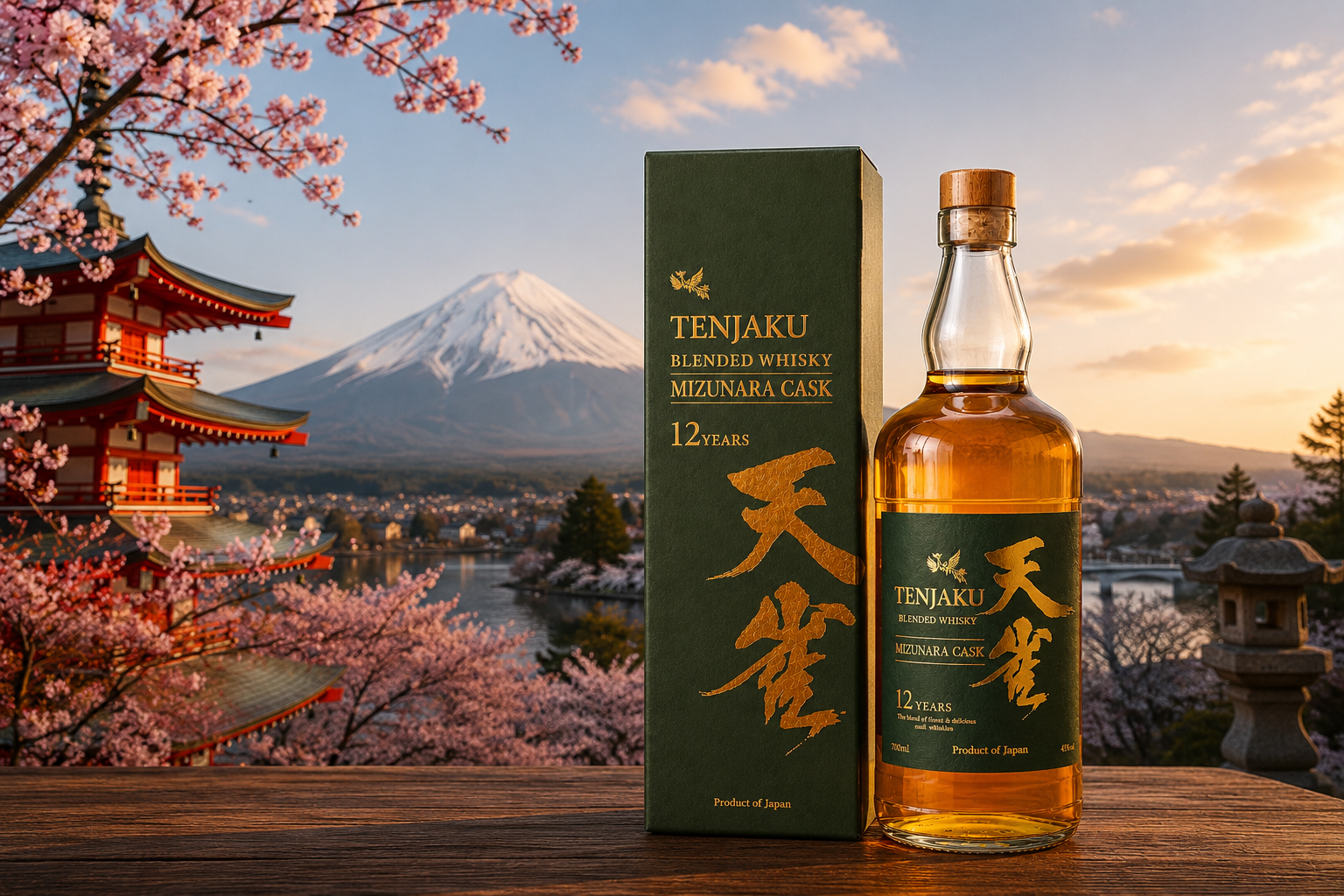 Tenjaku whisky bottle and green presentation box on a wooden surface at sunset.
