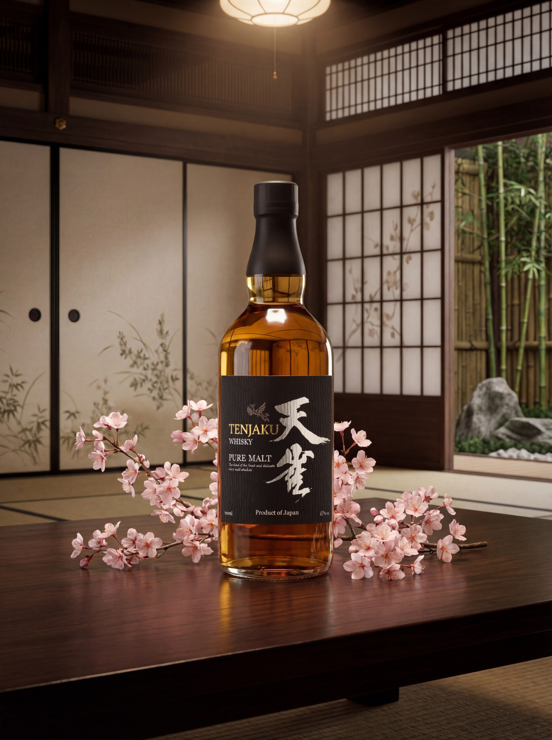 Tenjaku Pure Malt whisky bottle with pink blossoms in a Japanese-style interior.