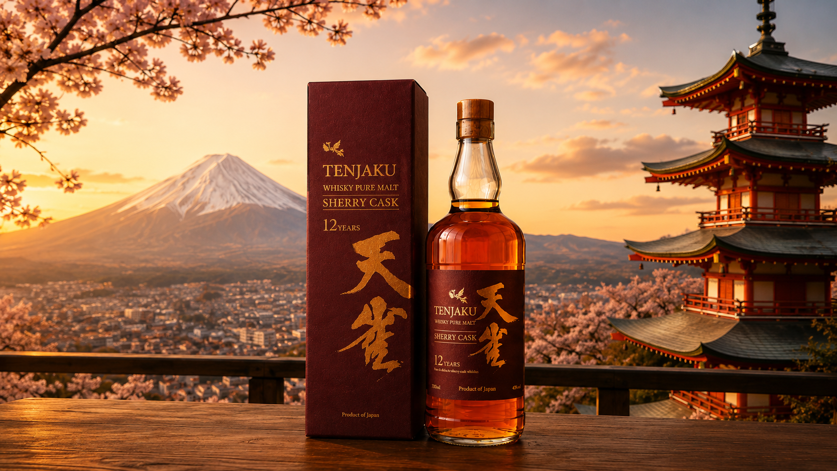 Tenjaku 12-year Sherry Cask whisky and box before Mount Fuji and a pagoda.