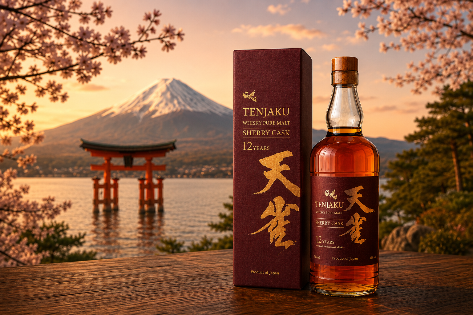 Tenjaku whisky bottle and burgundy box before a lakeside gate and mountain.