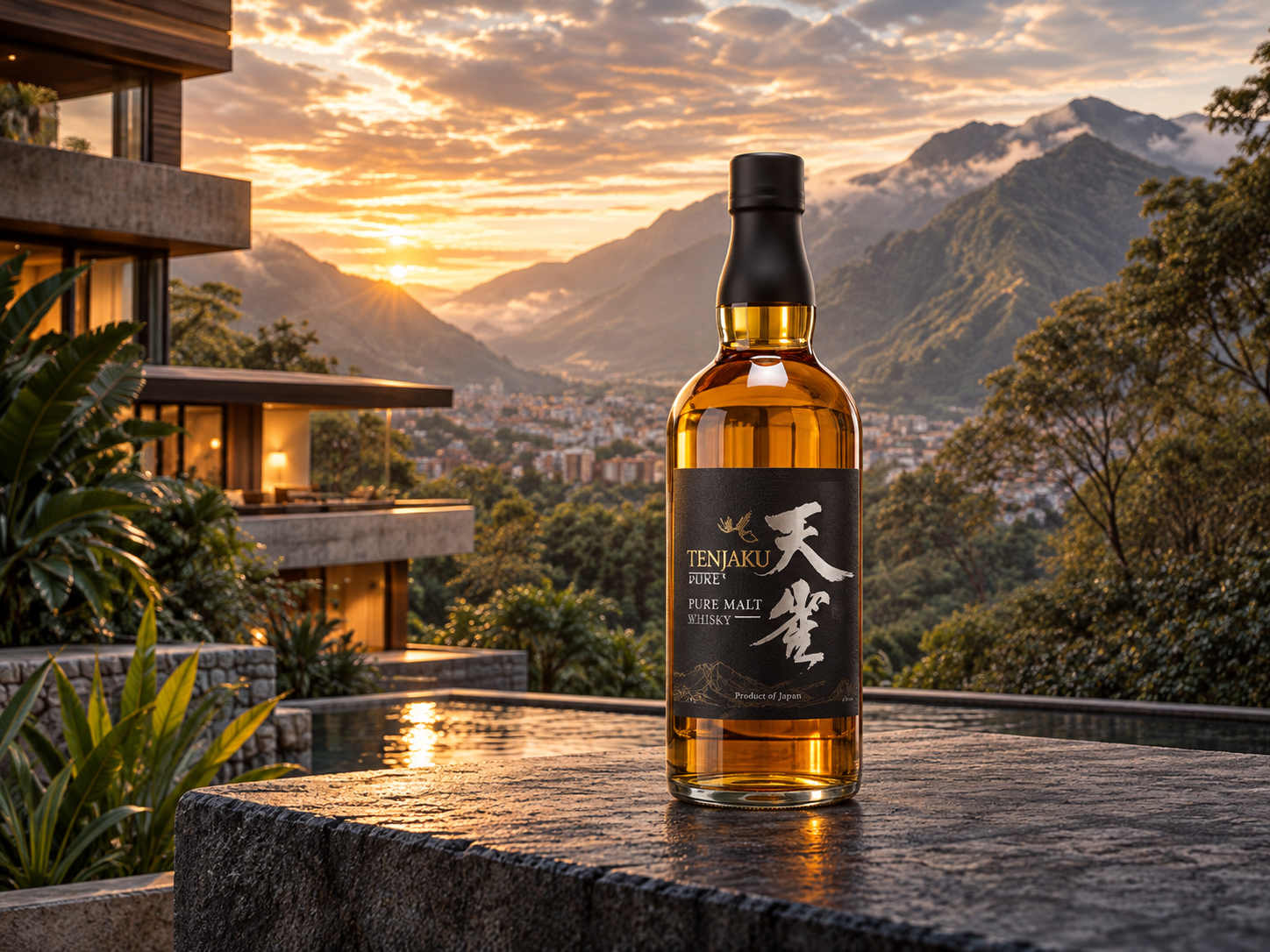 Botella de whisky japonés TENJAKU frente a una residencia moderna en un paisaje de montaña al atardecer.