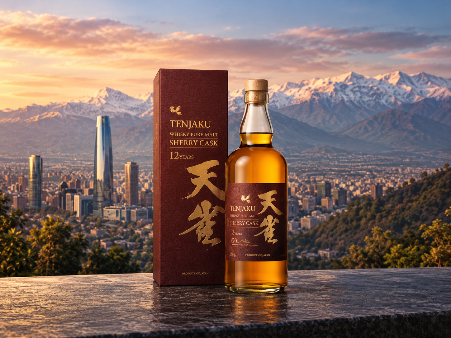 Bottle and presentation box of TENJAKU whisky overlooking Santiago with mountains in the background.