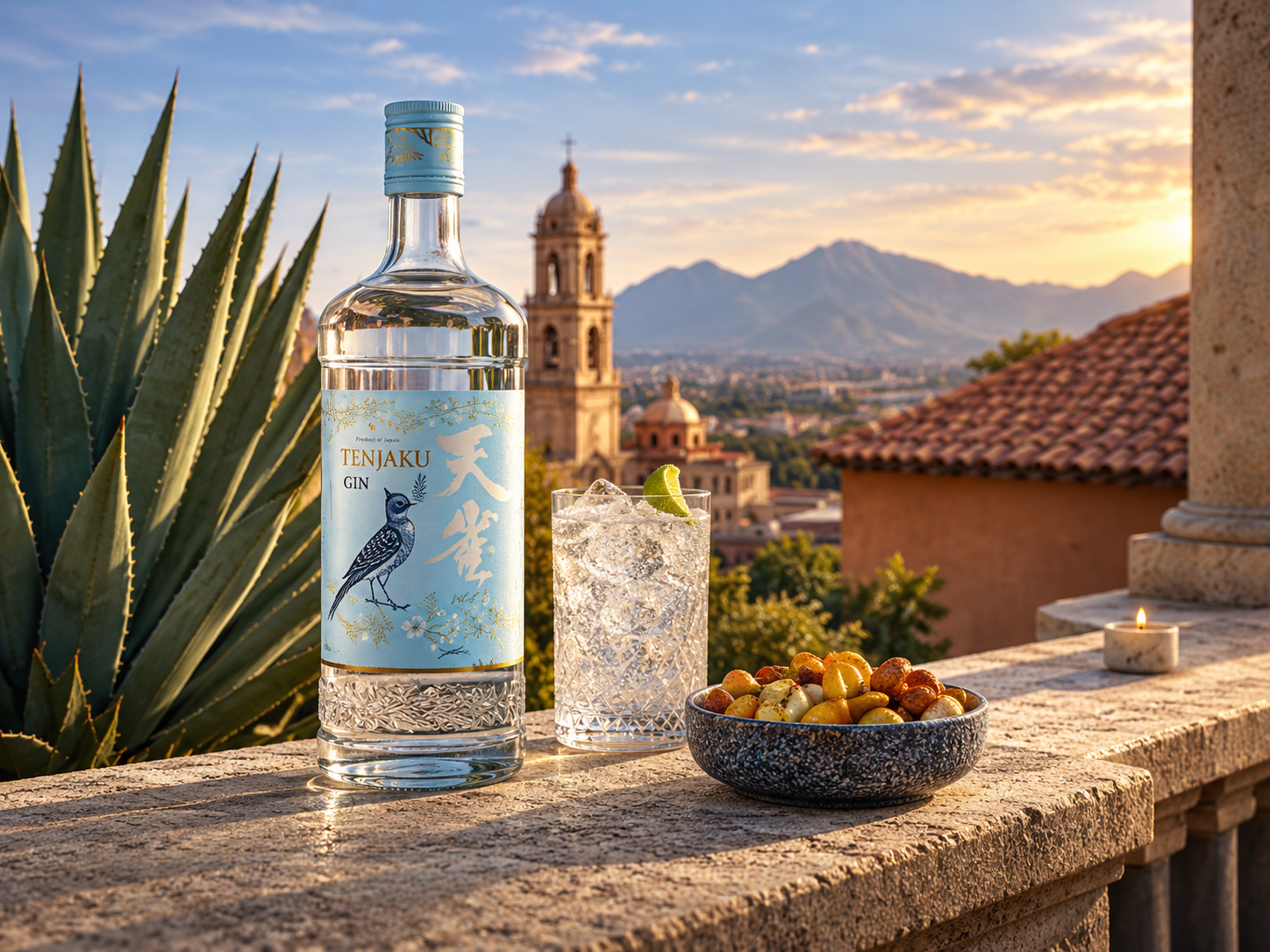 Bottle of TENJAKU Gin beside a gin and tonic on a terrace overlooking a historic city and mountains.