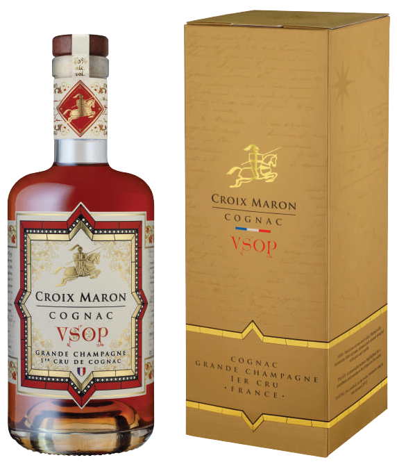 Croix Maron VSOP Cognac bottle with amber spirit and an ornate red and gold label, displayed beside its tall gold gift box.