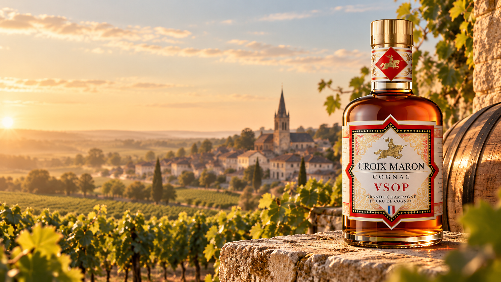 Botella de Croix Maron Cognac VSOP sobre un muro de piedra, junto a una barrica de madera, con viñedos y un pueblo con campanario al atardecer.