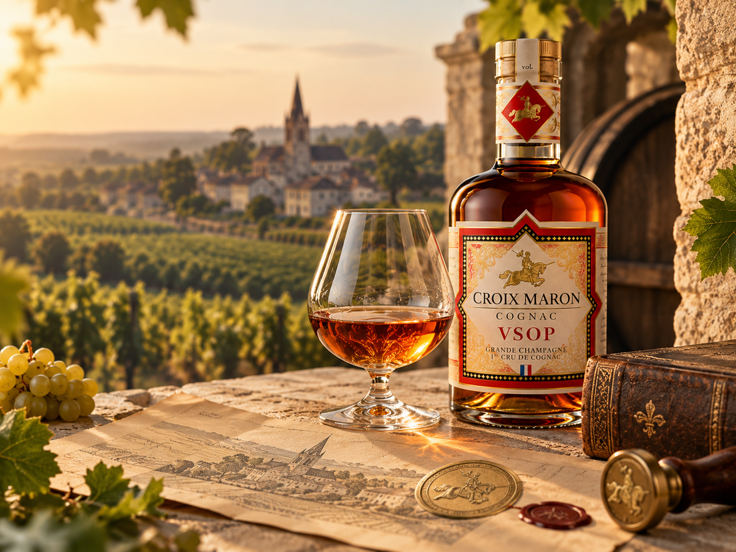 Botella de Croix Maron Cognac VSOP junto a una copa con Cognac, uvas, documentos antiguos y un libro, con viñedos y un pueblo al atardecer al fondo.