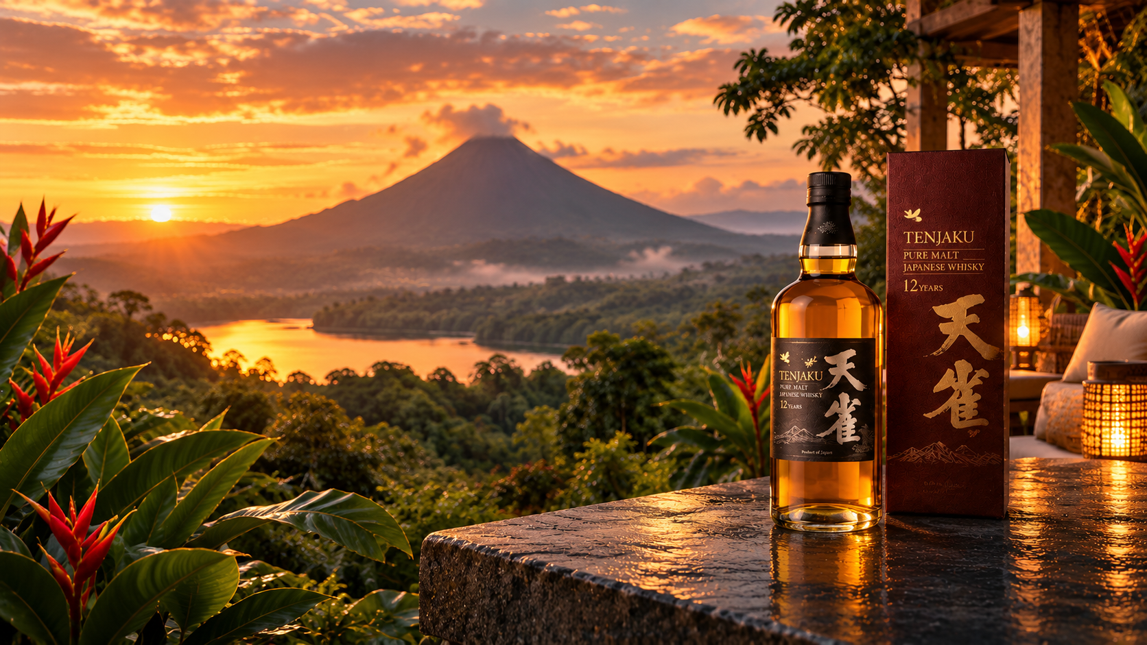TENJAKU whisky bottle and box overlooking a tropical Costa Rican landscape with a volcano at sunset.